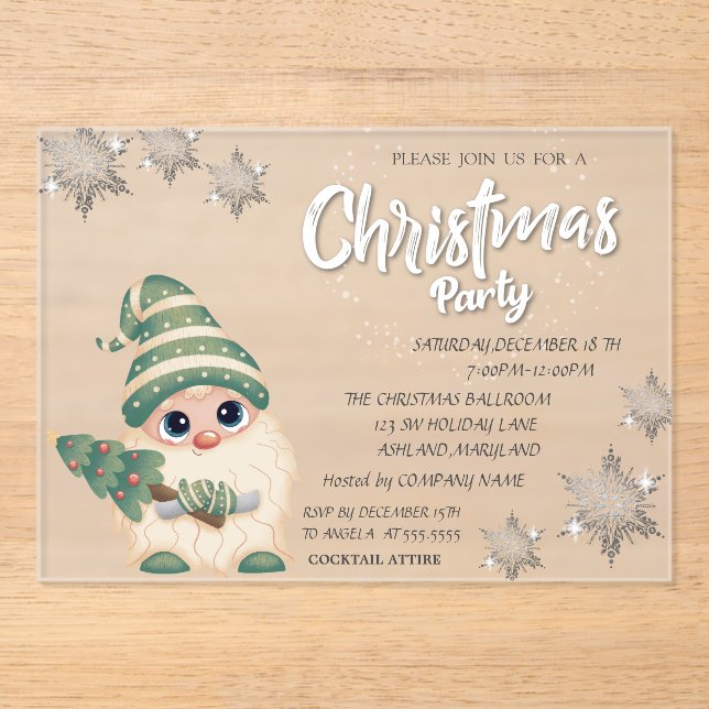 Invitations En Acrylique Fête de Noël d'entreprise Gnome PineTree Bokeh (Recto)