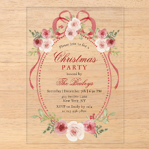 Invitations En Acrylique Fête de Noël Florale Coquette Élégante
