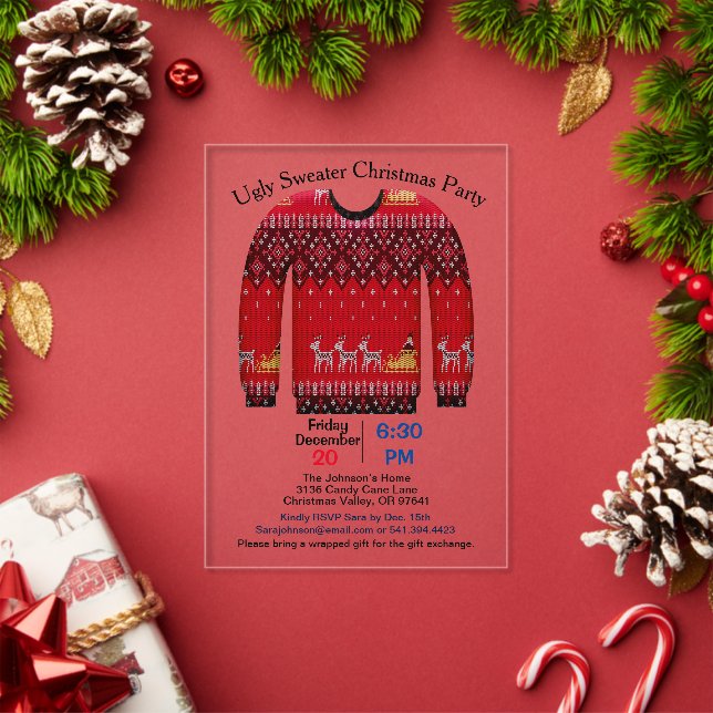 Invitations En Acrylique Fête de Noël moche, rouge avec cerf (Insitu (vacances))