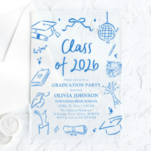 Invitations En Acrylique Fête de remise des diplômes 2026 bleue dessinée à