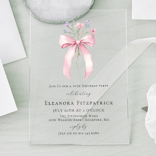 Invitations En Acrylique Fête des 70 ans Coquette Rose Nœud Papillon Fleur 