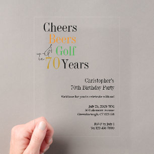 Invitations En Acrylique Fête des 70 ans de golf Cheers Beers Minimal