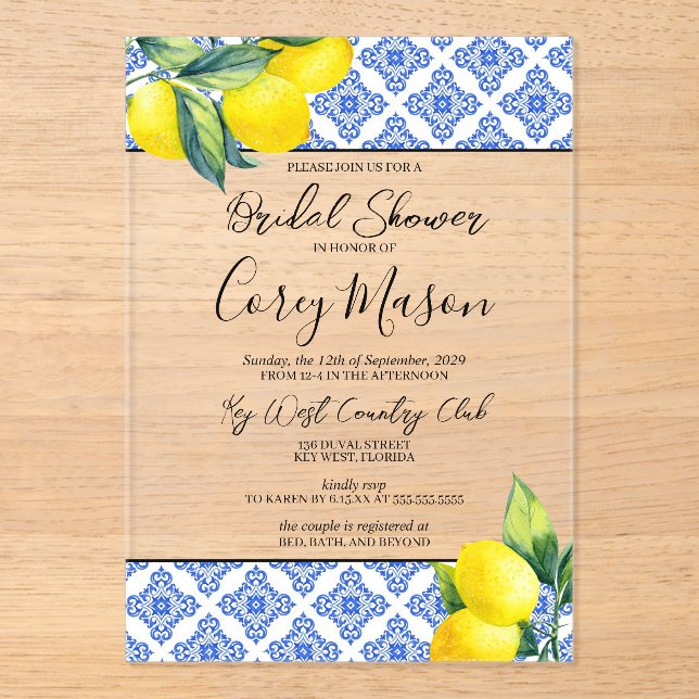 Invitations En Acrylique Fête des mariées citron (Recto)
