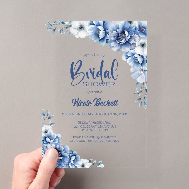 Invitations En Acrylique Fête des mariées Florale Bleue (In situ (ordinateur de poche))