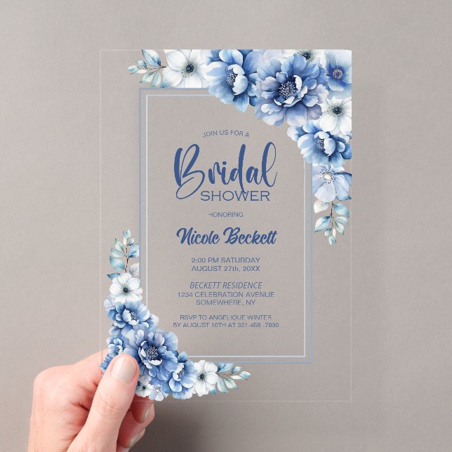 Invitations En Acrylique Fête des mariées Florale Bleue Moderne (In situ (ordinateur de poche))