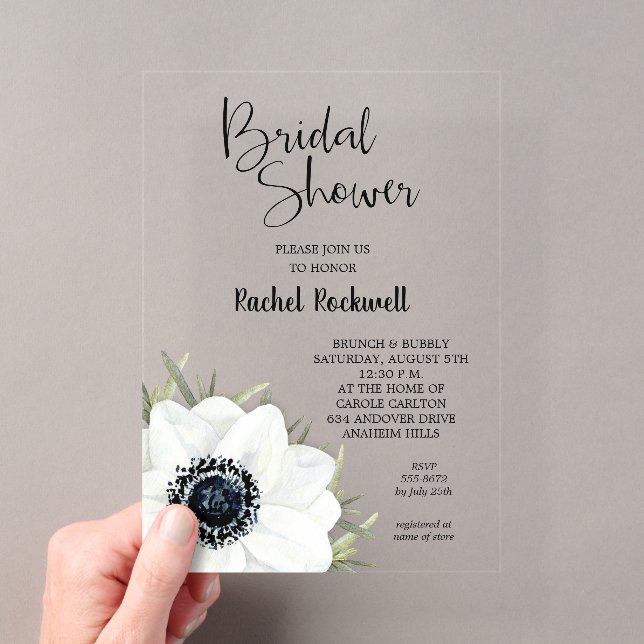 Invitations En Acrylique Fête des mariées florale noire blanche (In situ (ordinateur de poche))