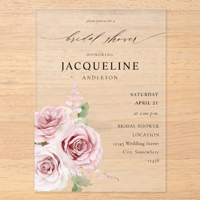 Invitations En Acrylique Fête des mariées florale rose pâle (Recto)