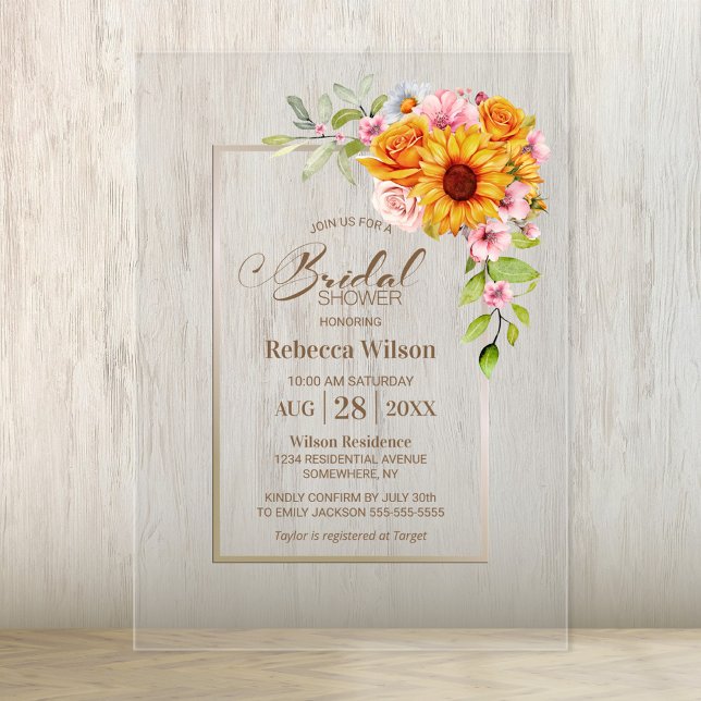 Invitations En Acrylique Fête des mariées florale rose tournesol (Créateur téléchargé)