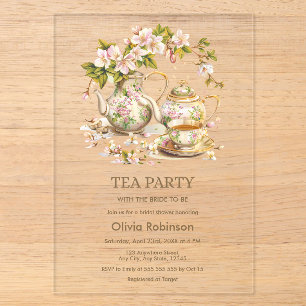 Invitations En Acrylique Fête des mariées Florale Teapot Tea Party