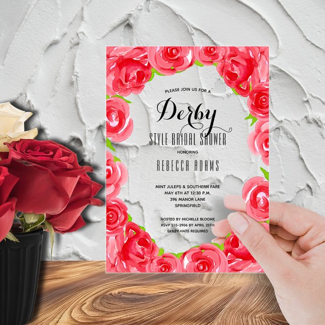 Invitations En Acrylique Fête des mariées Red Roses Derby (Red roses Derby bridal shower acrylic invitations - order clear or frosted)