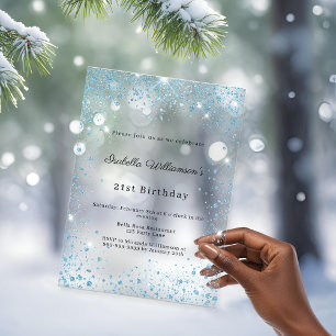 Invitations En Acrylique Fête d'hiver pailletée bleue anniversaire givré