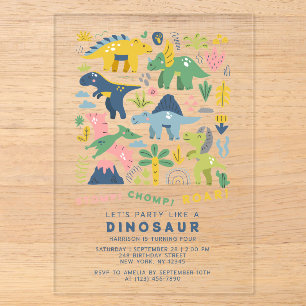 Invitations En Acrylique Fête Dino Mignons Dinosaures Modernes Quatrième An