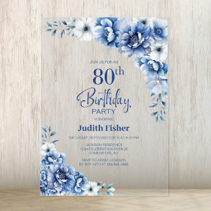 Invitations En Acrylique Fête du 80e anniversaire du Blue Floral élégant