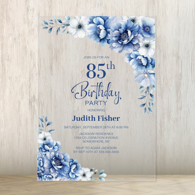 Invitations En Acrylique Fête du 85e anniversaire du Blue Floral élégant (Créateur téléchargé)