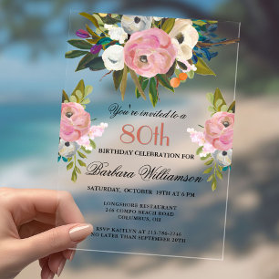 Invitations En Acrylique Fête élégante de 80 ans avec fleurs peintes à la m