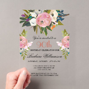 Invitations En Acrylique Fête élégante de 90 ans avec fleurs peintes à la m