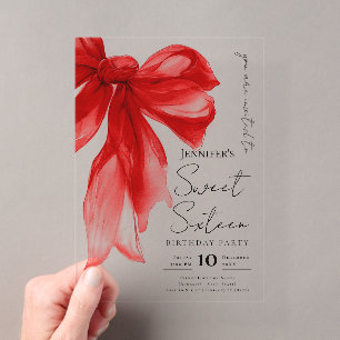 Invitations En Acrylique Fête élégante de Sweet 16 avec ruban coquette roug