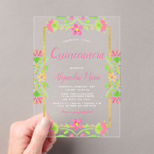 Invitations En Acrylique Fête Florale Rose Quinceanera Or
