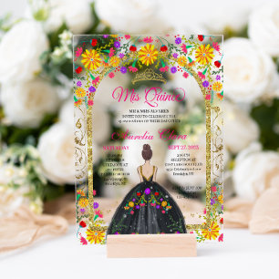 Invitations En Acrylique Fête mexicaine florale Princesse Or Quinceanera