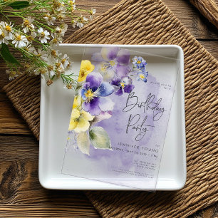 Invitations En Acrylique Fête moderne florale violet et jaune
