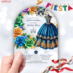 Invitations En Acrylique Fête Quinceanera Floral Papillons Bleu Or