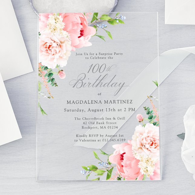 Invitations En Acrylique FÊTE SURPRISE 100e anniversaire Peony rose Floral (Créateur téléchargé)