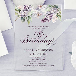 Invitations En Acrylique FÊTE SURPRISE 18e Anniversaire Floral Lilas Violet