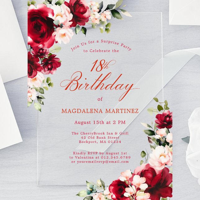 Invitations En Acrylique FÊTE SURPRISE 18e anniversaire Rose rose rouge piv (Créateur téléchargé)