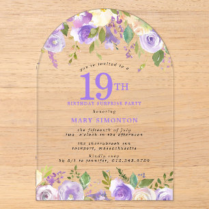 Invitations En Acrylique FÊTE SURPRISE 19e Anniversaire Fleurs Violettes Tr