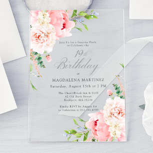 Invitations En Acrylique FÊTE SURPRISE 19e Anniversaire Floral Rose Péony