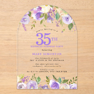 Invitations En Acrylique FÊTE SURPRISE 35e Anniversaire Fleurs Violettes Tr