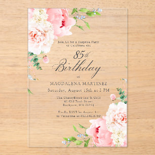 Invitations En Acrylique FÊTE SURPRISE 85e Anniversaire Floral Rose Péonie