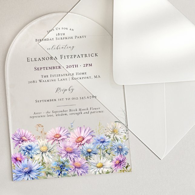 Invitations En Acrylique FÊTE SURPRISE ARCH 18 septembre Fleur de naissance (Créateur téléchargé)
