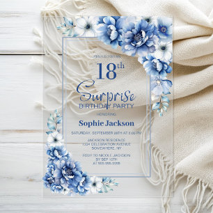 Invitations En Acrylique Fête surprise moderne pour 18 ans avec fleurs bleu