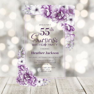 Invitations En Acrylique Fête surprise moderne rose florale pour 55e annive