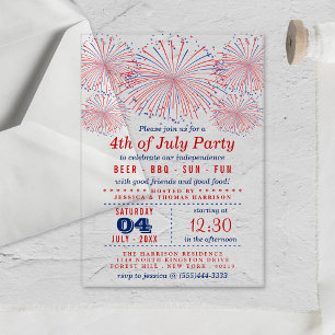 Invitations En Acrylique Feu d'artifice rouge, blanc et bleu 4 juillet
