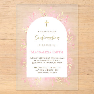 Invitations En Acrylique feuillage aquarelle rose confirmation givré