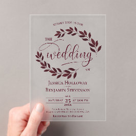Invitations En Acrylique Feuille Bourgogne Élégant Mariage de script modern