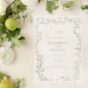 Invitations En Acrylique Feuille de sauge verte Monogramme Après-mariage Br