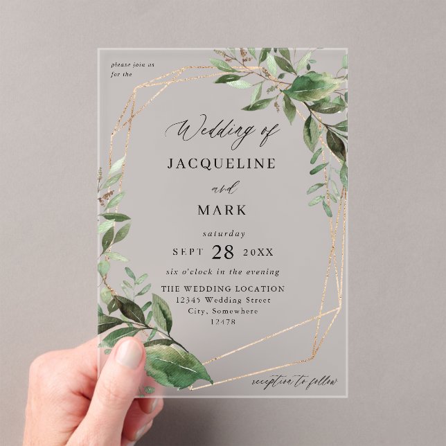 Invitations En Acrylique Feuille et Mariage d'or Eucalyptus (In situ (ordinateur de poche))