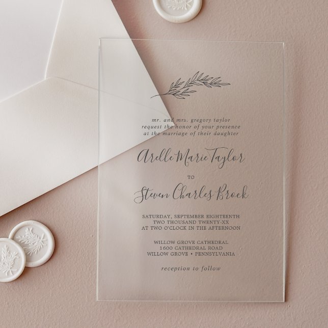 Invitations En Acrylique Feuille minimale Mariage traditionnel simple de ve (Minimal Leaf Traditional Simple Greenery Wedding Acrylic Invitations)