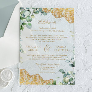 Invitations En Acrylique Feuilles d'eucalyptus Mariage Musulman Broderie Or