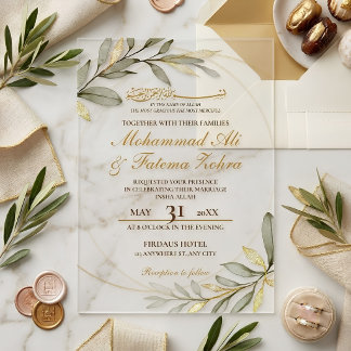 Invitations En Acrylique Feuilles d'Or Élégance Mariage Musulman Nikah