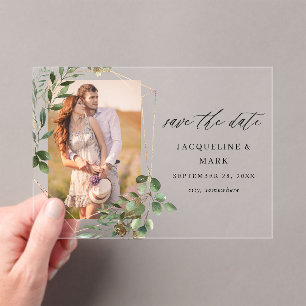 Invitations En Acrylique Feuilles & Eucalyptus Gold V Photo Enregistrer la