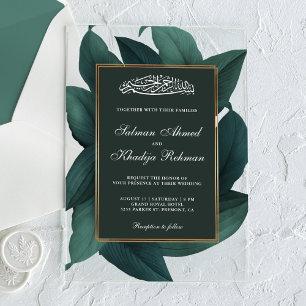 Invitations En Acrylique Feuilles sarcelles bordure dorée mariage musulman