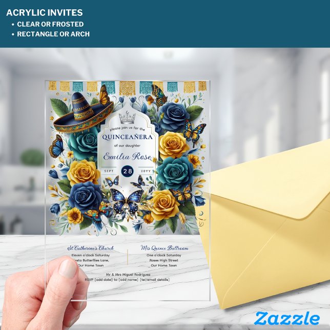 Invitations En Acrylique Fiesta Floral Papillons QUINCEANERA Clear (Créateur téléchargé)