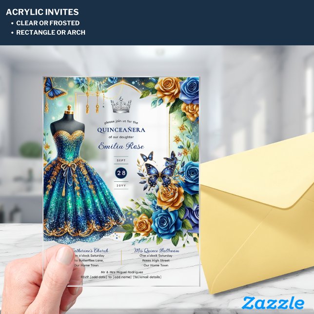 Invitations En Acrylique Fiesta Quinceanera Papillons Floraux Or Bleu (Créateur téléchargé)