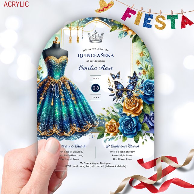 Invitations En Acrylique Fiesta Quinceanera Papillons Floraux Or Bleu (Créateur téléchargé)