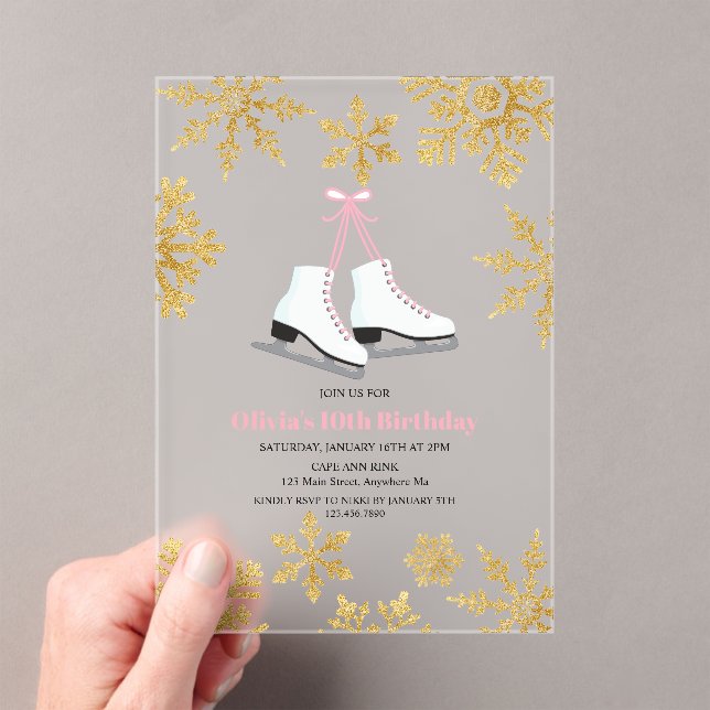Invitations En Acrylique Figure Patinage Pink Gold Snowflake Anniversaire (In situ (ordinateur de poche))