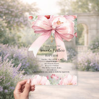 Fille à fleurs crème avec noeud rose clair Baptême